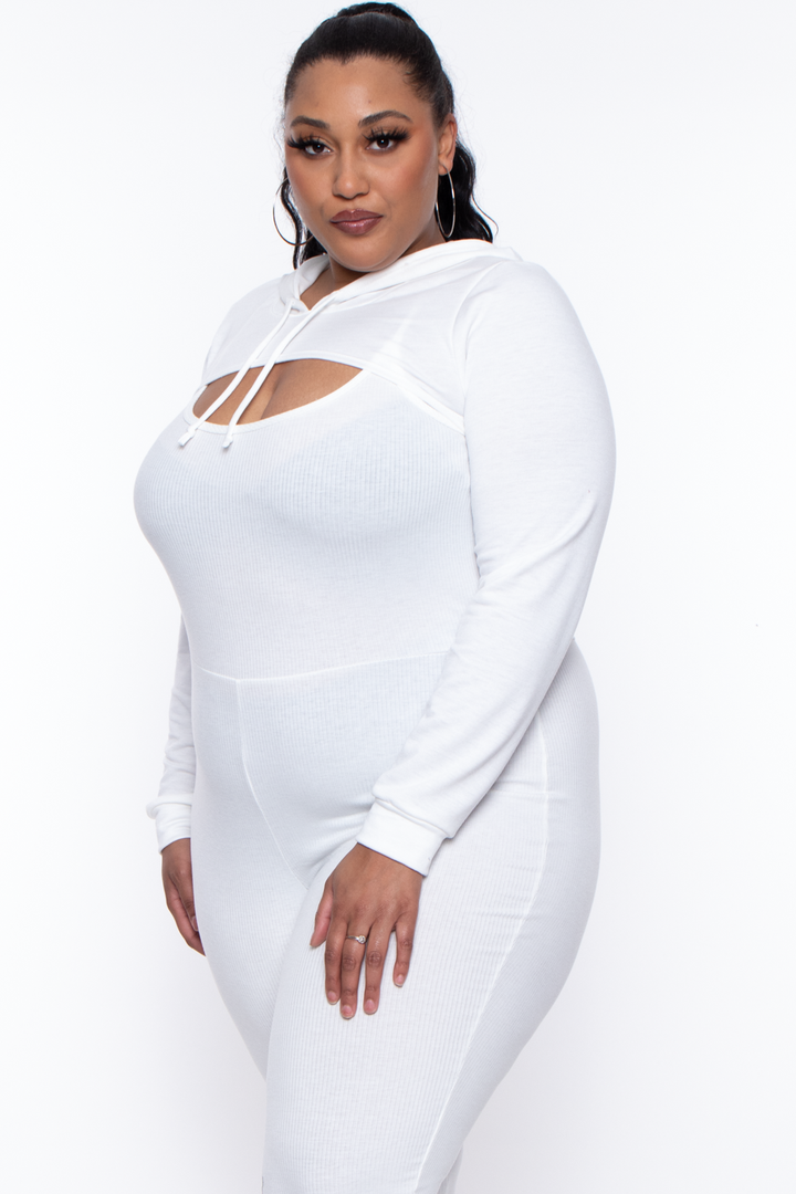 Curvy Sense Sweaters & Cardigans Plus Size Essential Cut Out Hoodie - Ivory