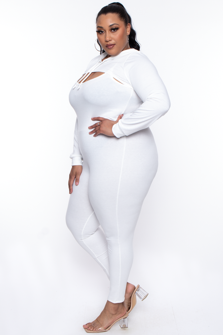 Curvy Sense Sweaters & Cardigans Plus Size Essential Cut Out Hoodie - Ivory