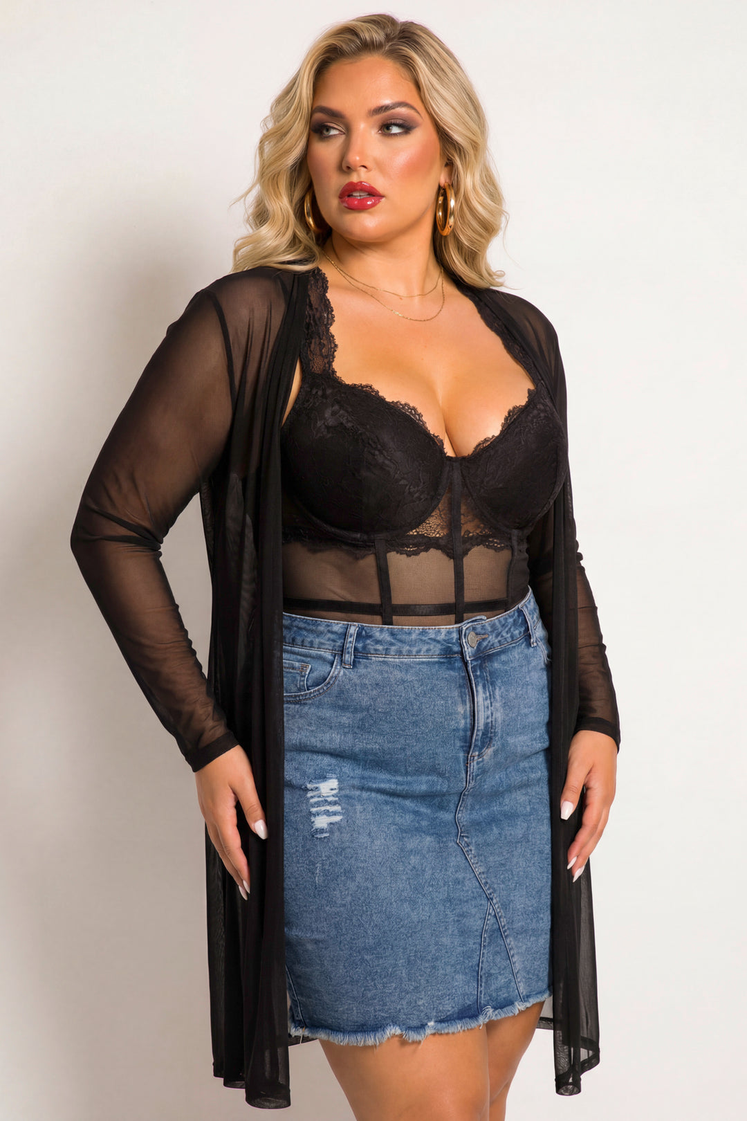 JULIA Sweaters & Cardigans Plus Size Everly Mesh Cardigan - Black