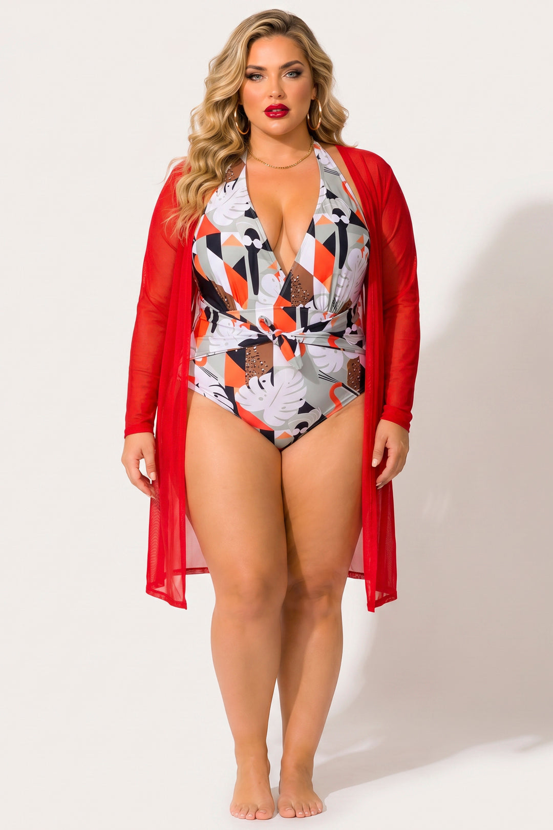 JULIA Sweaters & Cardigans Plus Size Everly Mesh Cardigan - Red