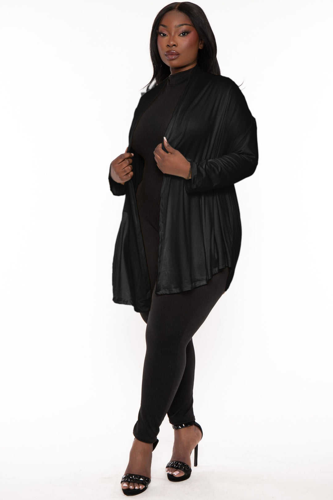 Ambiance Sweaters & Cardigans Plus Size Gayle Drape  Cardigan -Black