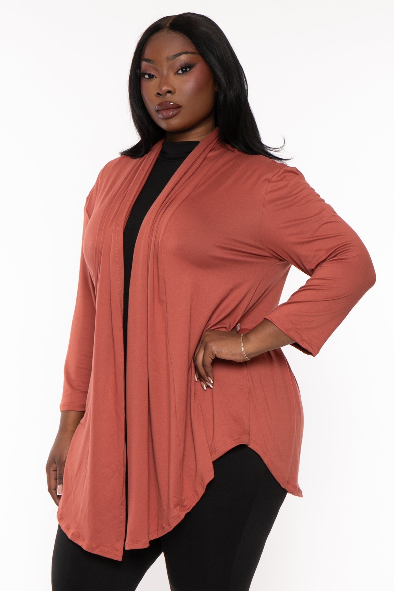 Plus Size Gayle Drape Cardigan Brick Curvy Sense