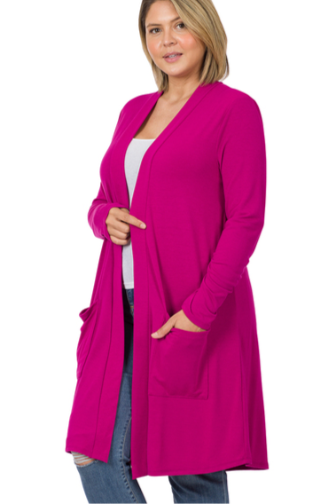 ZENANA Sweaters & Cardigans Plus Size long sleeve slouchy pocket open cardigan - Magenta