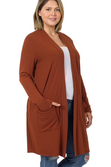 ZENANA Sweaters & Cardigans Plus Size long sleeve slouchy pocket open cardigan - Rust