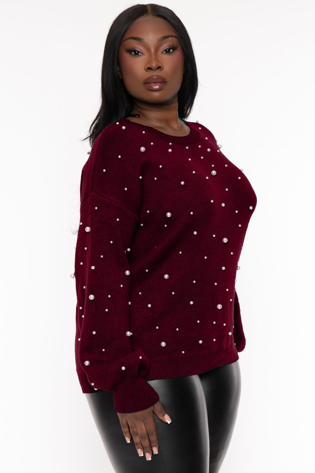 143 Sweaters & Cardigans Plus Size Pearl Sprinkles  Sweater - Wine
