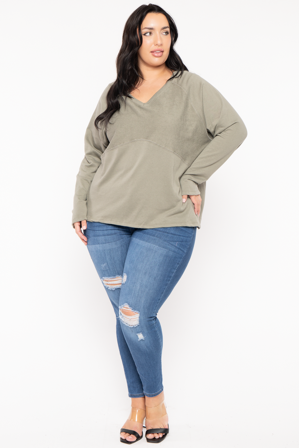 Women's Plus Size Raglan Boxy Sweater - Olive - Curvy Sense Women's Plus Size Raglan Boxy Sweater - Olive - Curvy Sense
