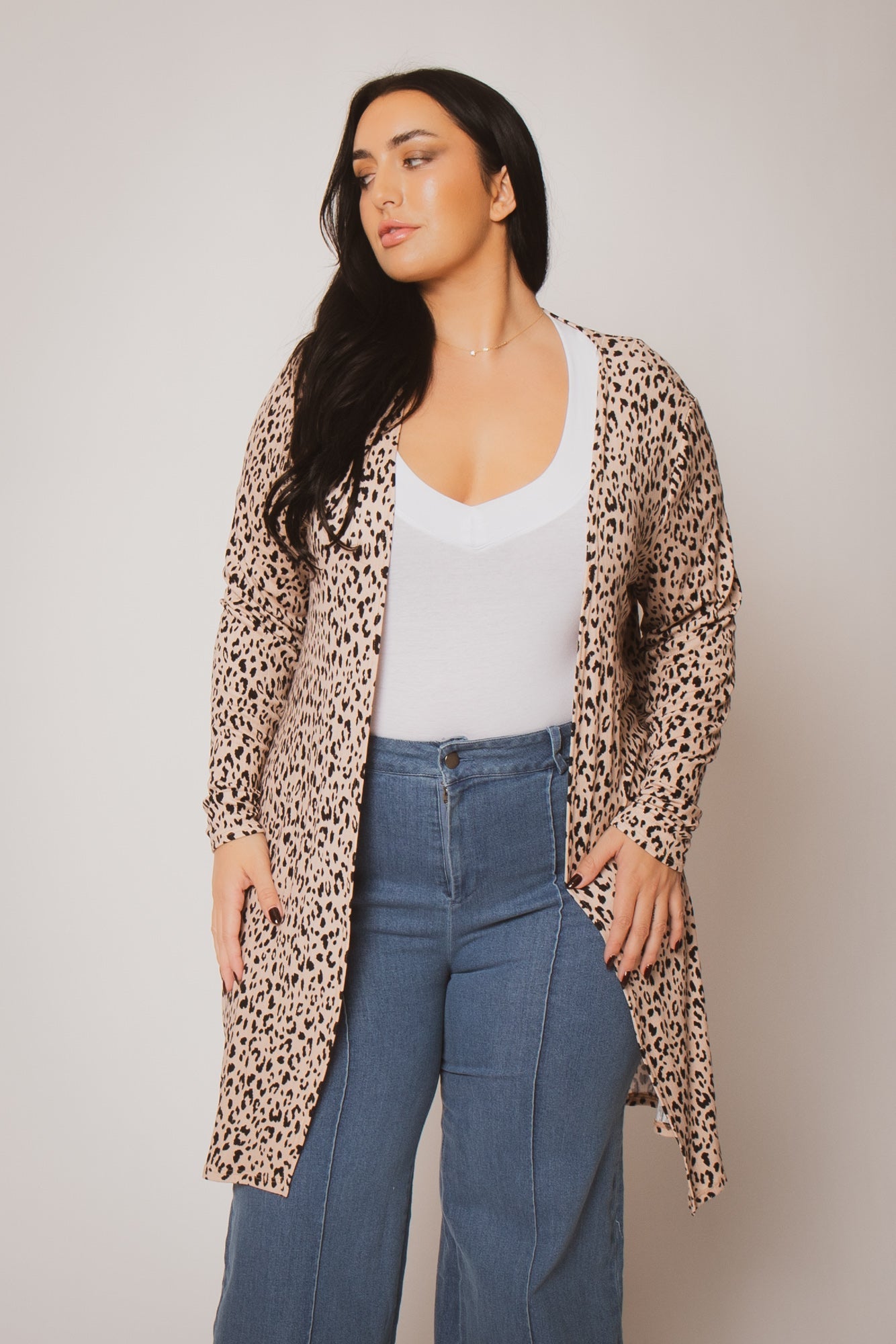 Women's Plus Size Savannah Leopard Cardigan - Taupe - Curvy Sense