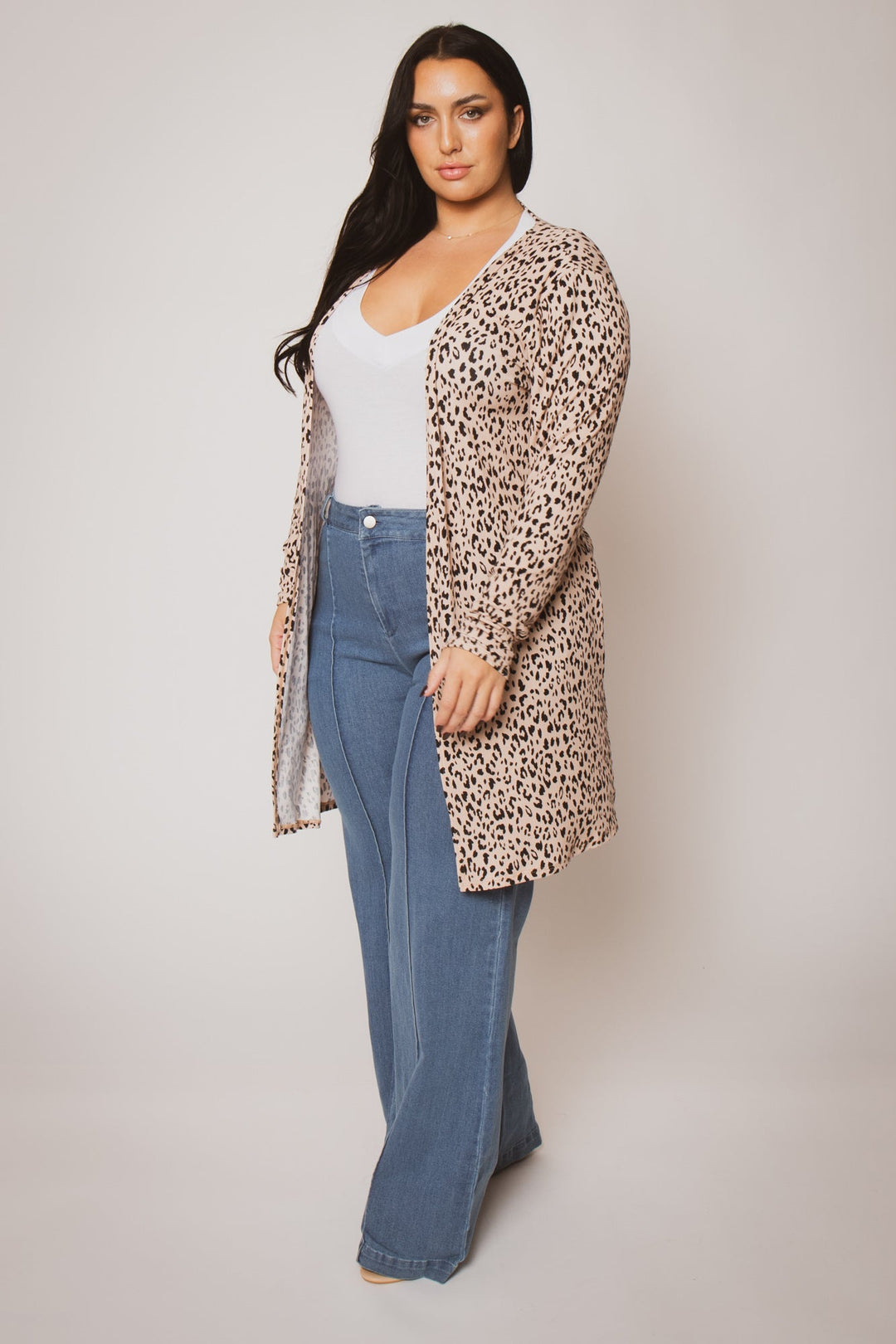 Women's Plus Size Savannah Leopard Cardigan Taupe Curvy Sense