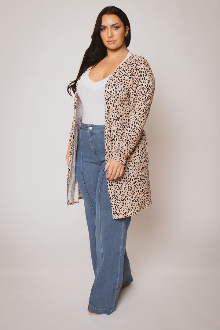 Curvy Sense Inc. Sweaters & Cardigans Plus Size Savannah Leopard Cardigan - Taupe