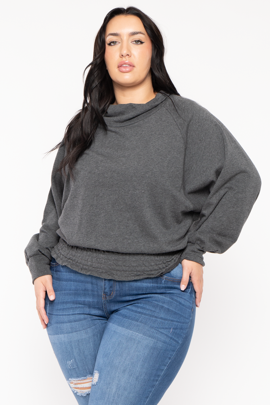 CULTURE CODE Sweaters & Cardigans Plus Size Smocked Waist  Sweater - Charcoal