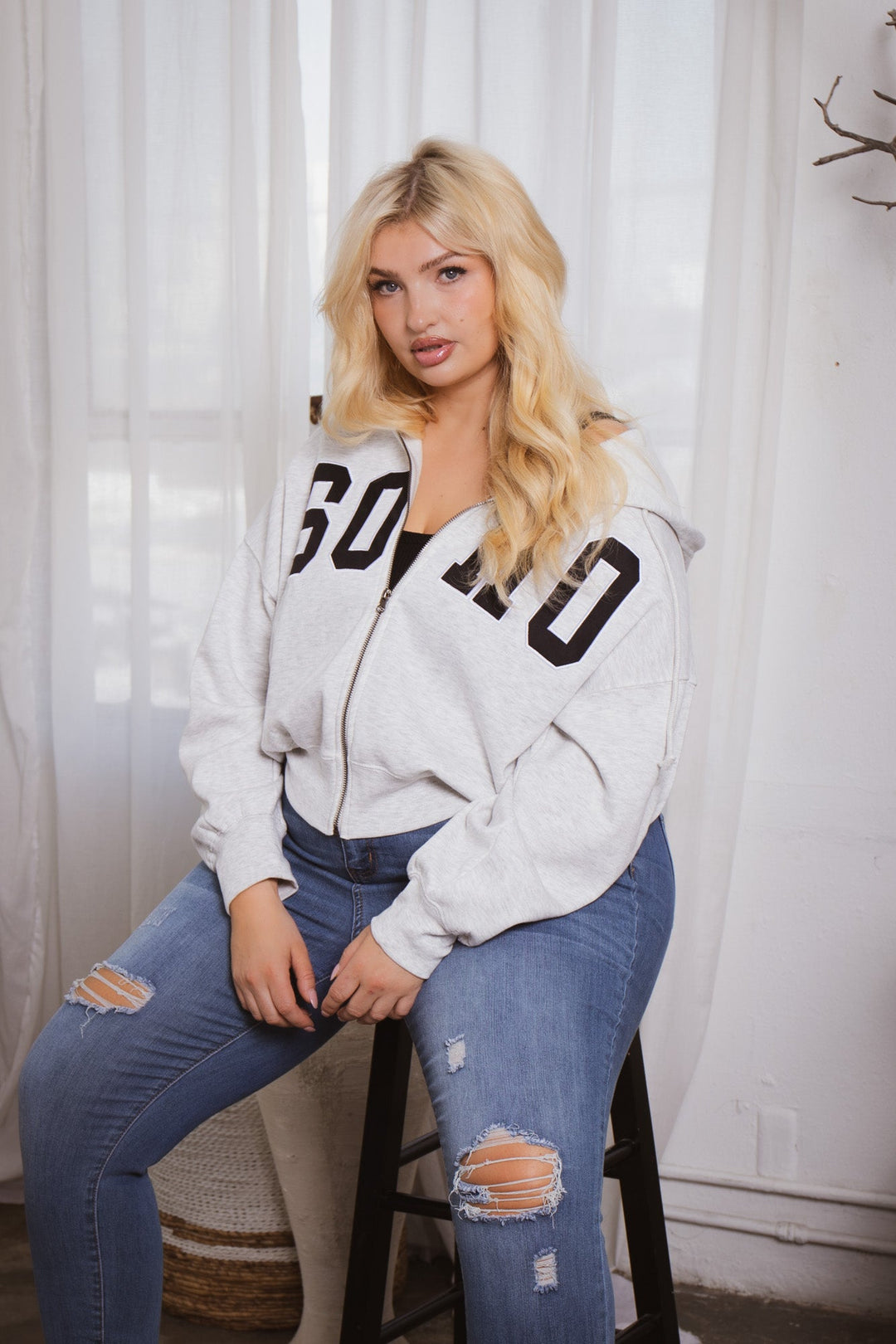 Plus Size Soho Crop Zip Up Hoodie Heather Grey - Main Image