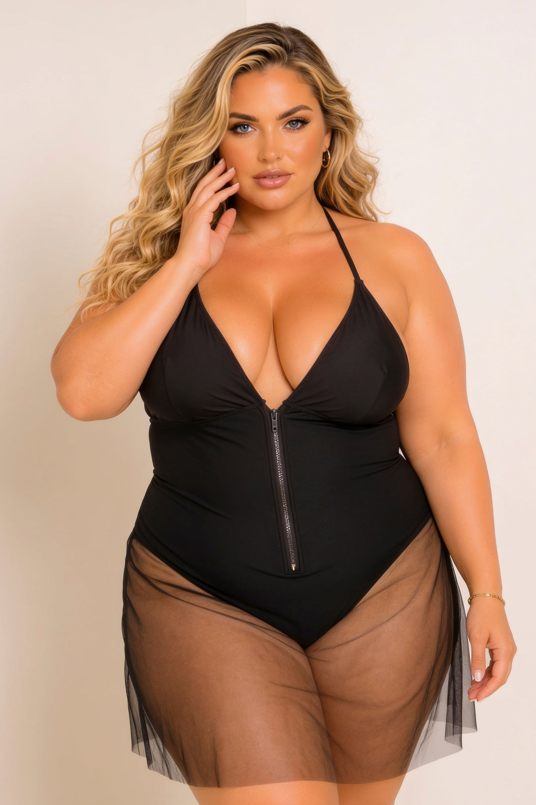 Ree BEES Swimwear Plus Size Midnight Mesh Zip Swimsuit - Bllack