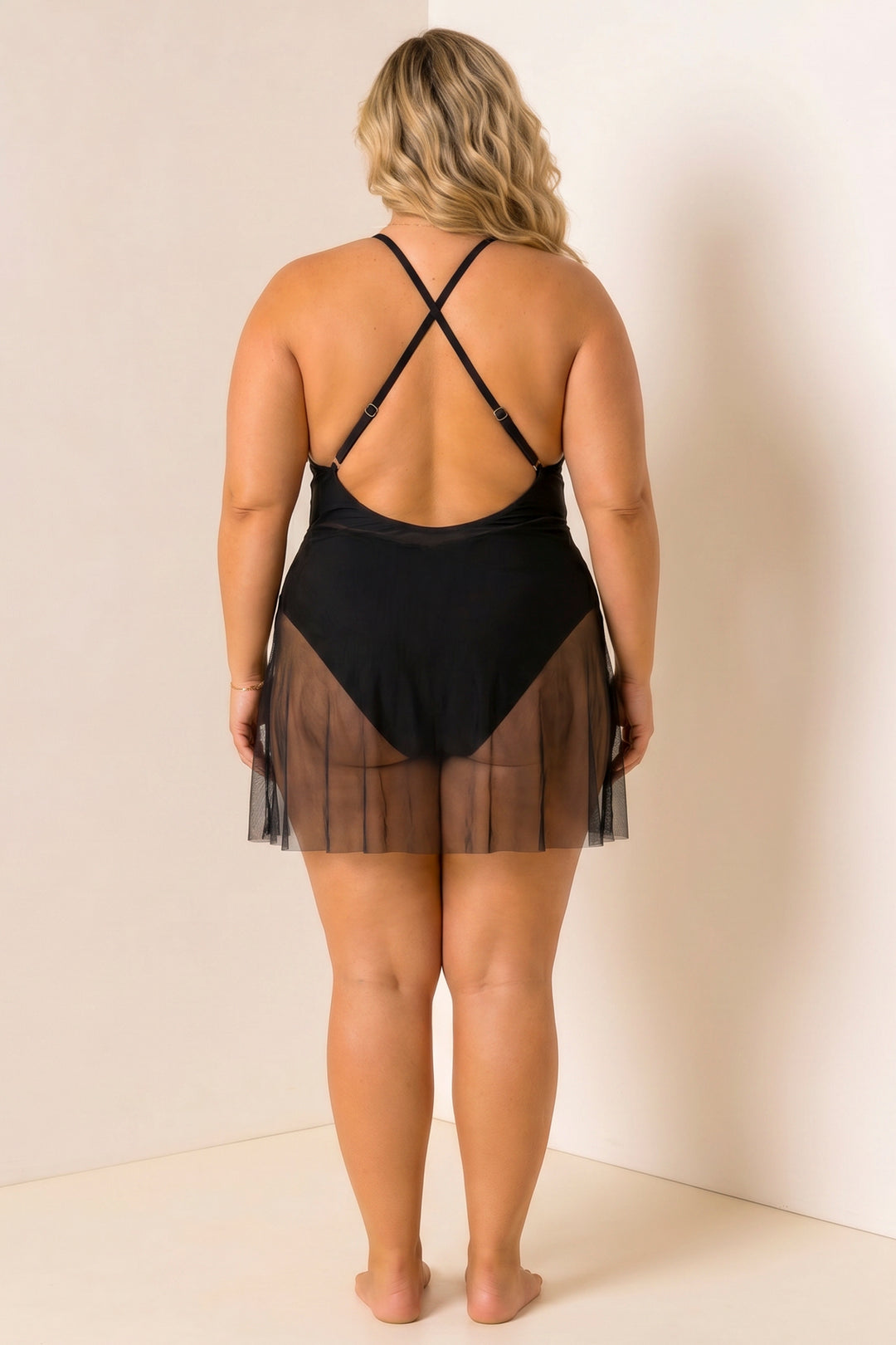 Ree BEES Swimwear Plus Size Midnight Mesh Zip Swimsuit - Bllack