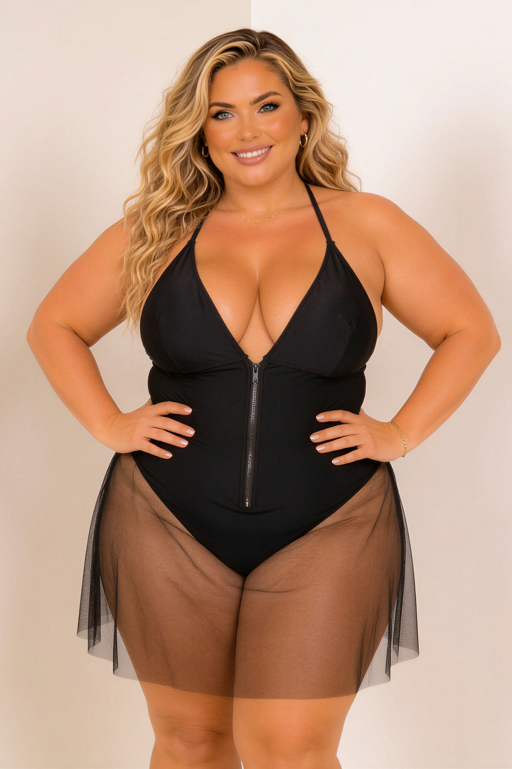 Ree BEES Swimwear Plus Size Midnight Mesh Zip Swimsuit - Bllack