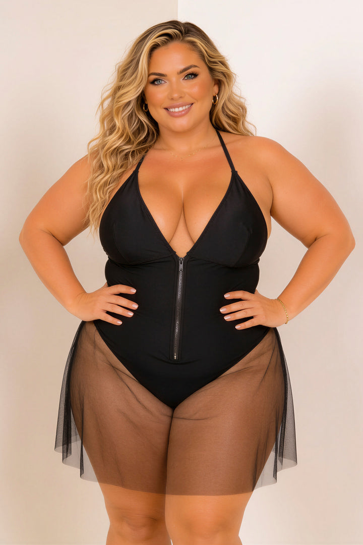 Ree BEES Swimwear Plus Size Midnight Mesh Zip Swimsuit - Bllack