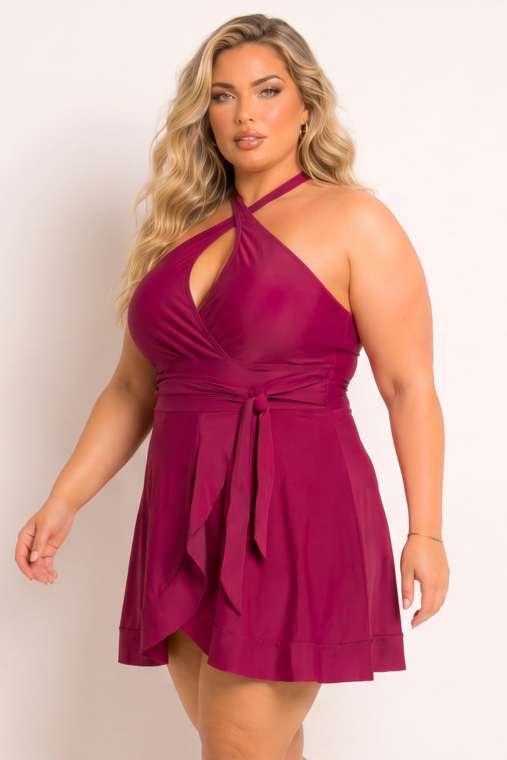 Ree BEES Swimwear Plus Size Paradise Wrap Swim Dress - Burgundy