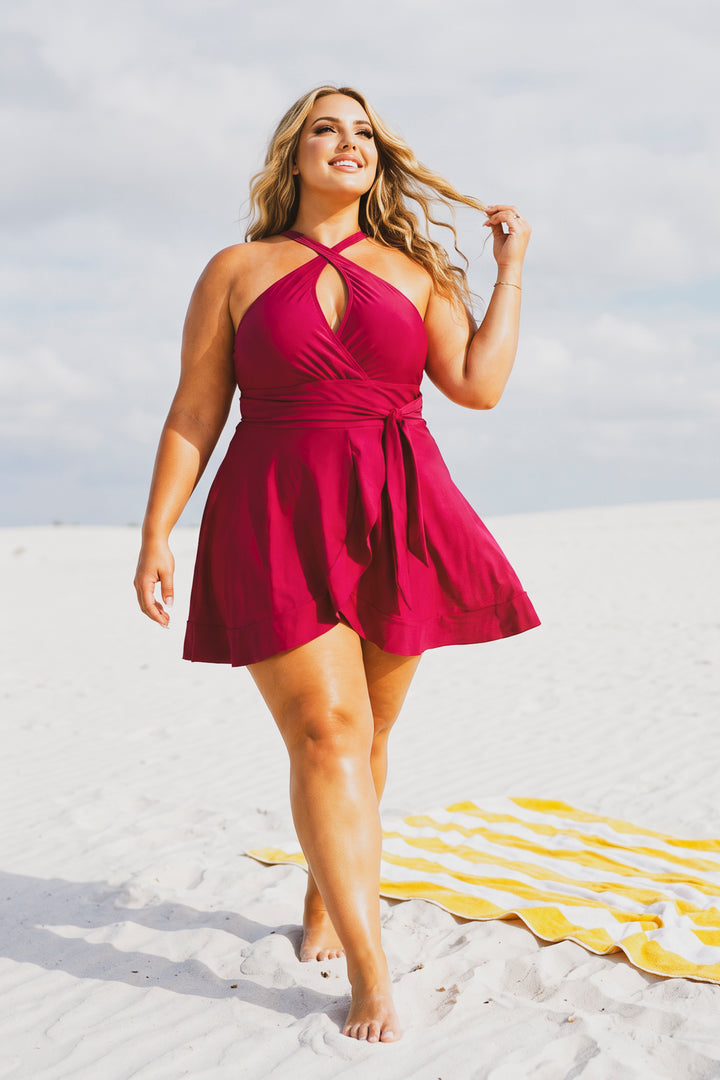 Ree BEES Swimwear Plus Size Paradise Wrap Swim Dress - Burgundy