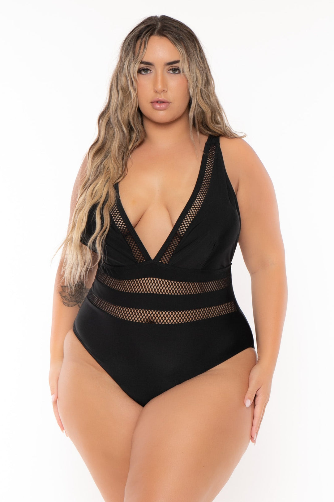 Davi & Dani Swimwear Plus Size Plunging V Neck Fishnet  Swimsuit - Black