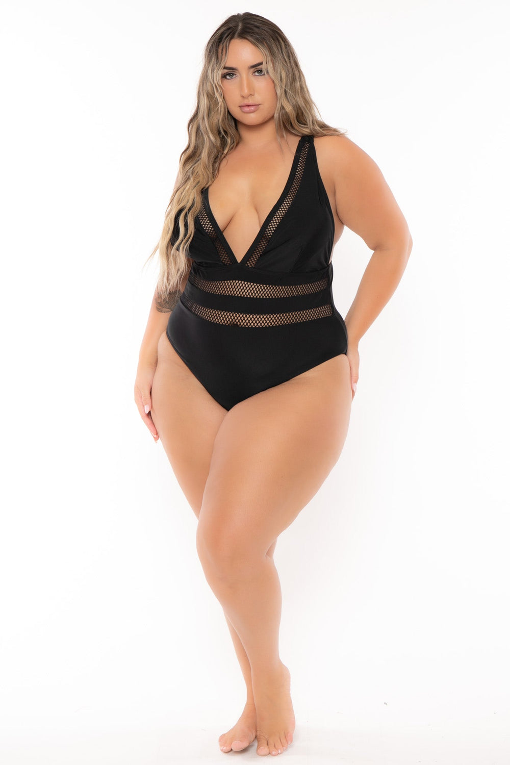 Davi & Dani Swimwear Plus Size Plunging V Neck Fishnet  Swimsuit - Black