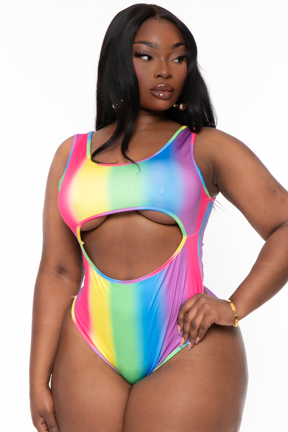 Awesome J Swimwear Plus Size  Rainbow Cut-Out Tankini 2pc Swim Set  - Multi