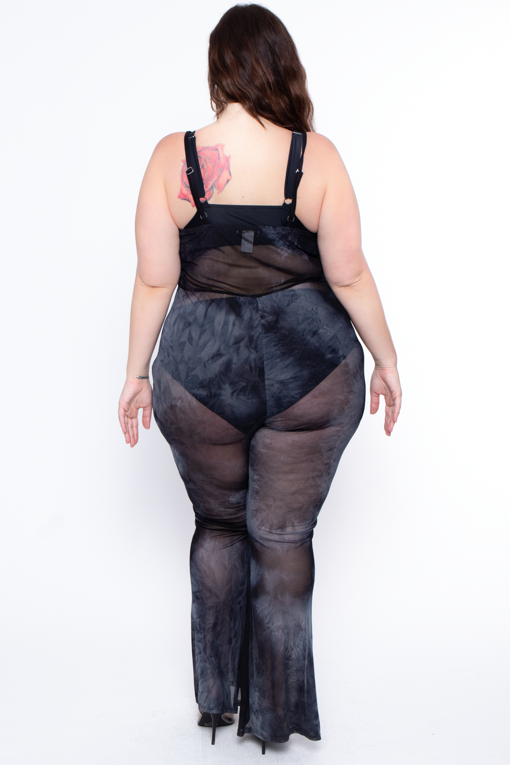 Curvy Sense Swimwear Plus Size Tie Dye Cami Mesh Coverup Jumpsuit - Black