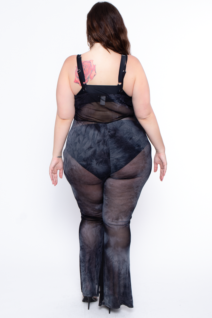 Curvy Sense Swimwear Plus Size Tie Dye Cami Mesh Coverup Jumpsuit - Black