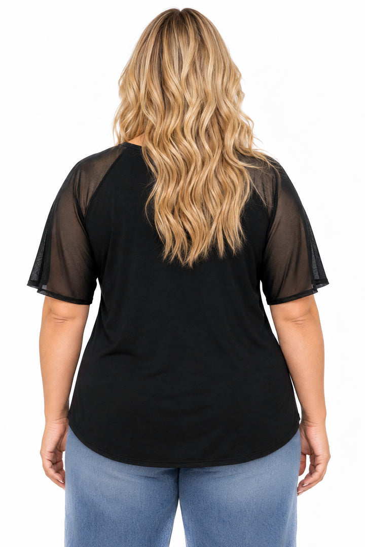 Curvy Sense Inc. Tops Maribel Mesh Flutter Sleeve Top - Black