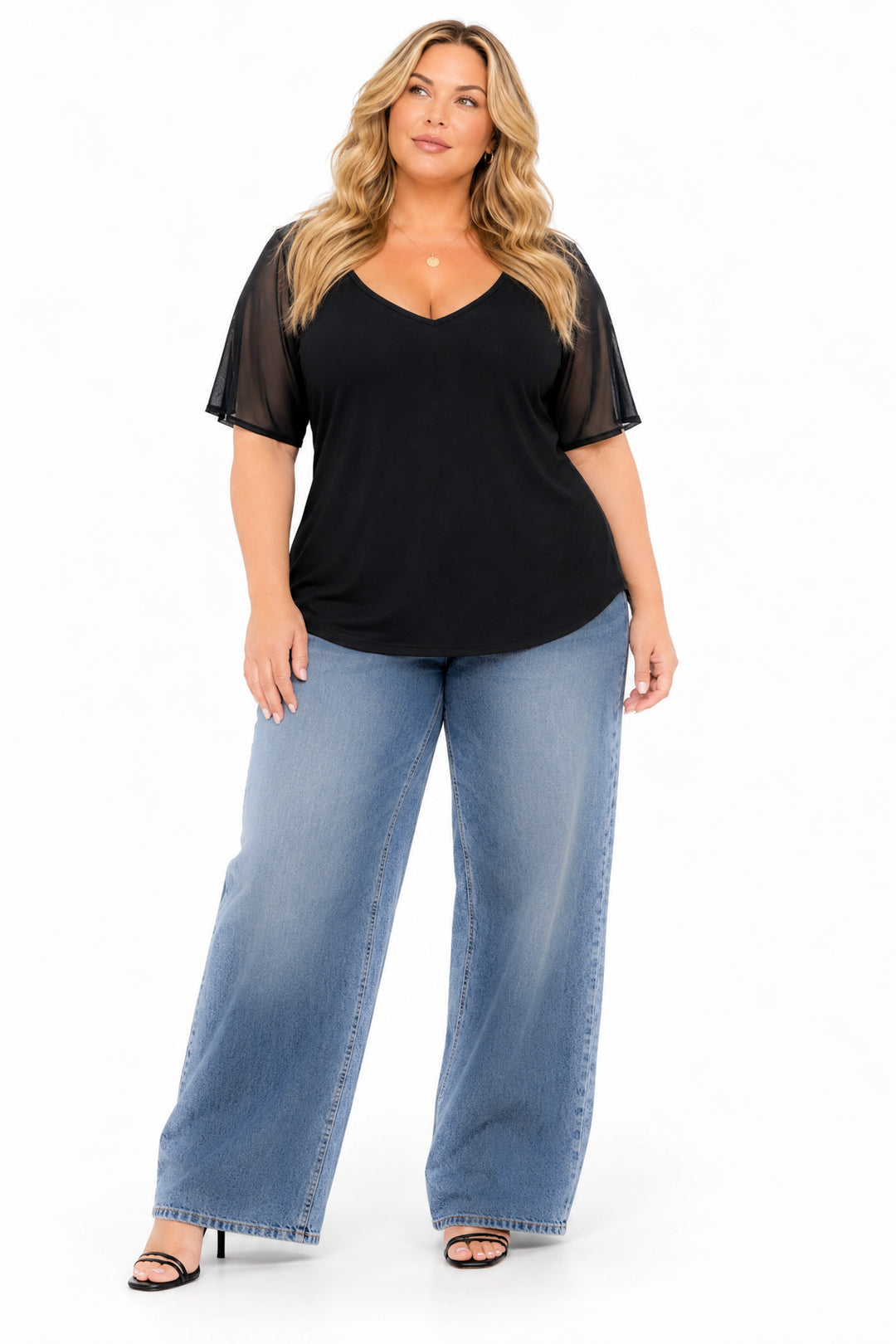 Curvy Sense Inc. Tops Maribel Mesh Flutter Sleeve Top - Black