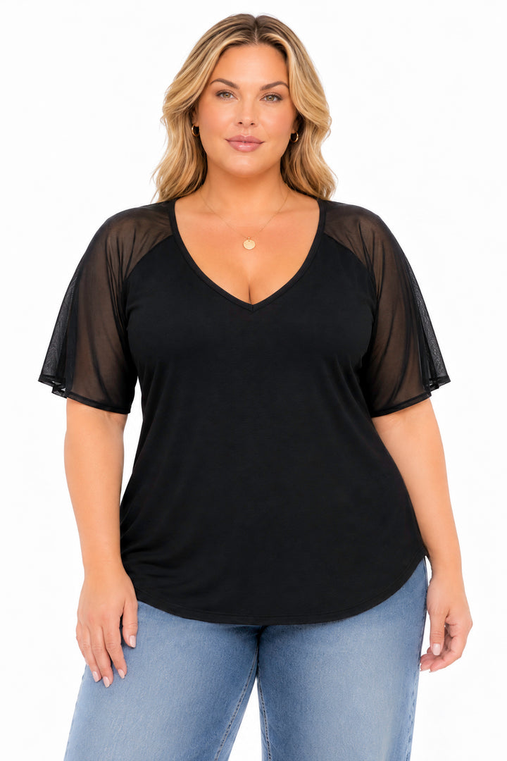 Curvy Sense Inc. Tops Maribel Mesh Flutter Sleeve Top - Black