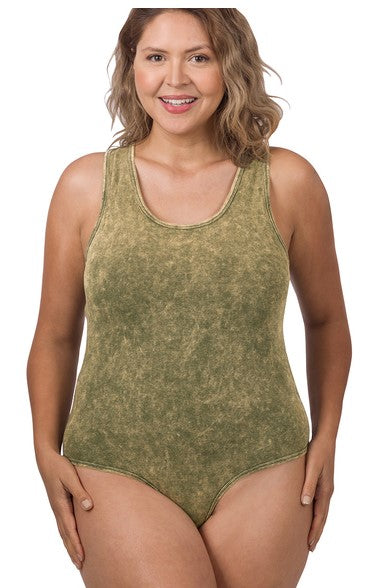 Zenana Tops 1X / Olive Plus Size Acid Wash Racerback Tank Bodysuit - Olive