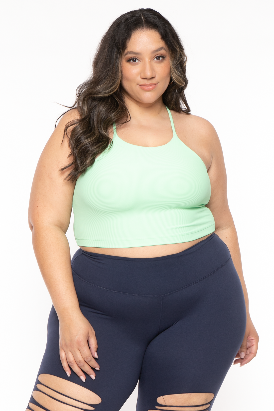 Rae mode Tops Plus Size Active Ribbed Halter  Top  - Green