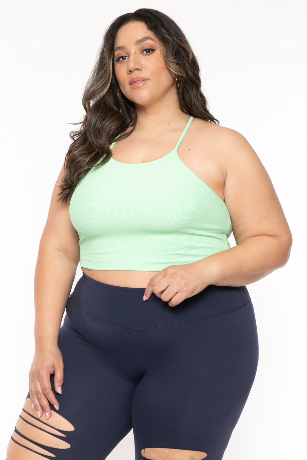 Rae mode Tops Plus Size Active Ribbed Halter  Top  - Green