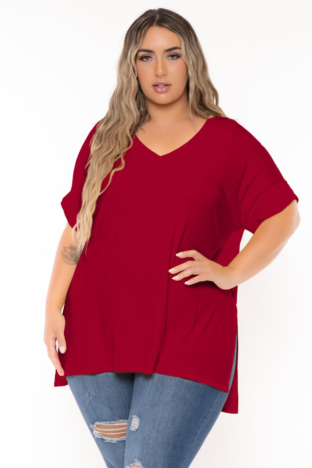 Zenana Tops Plus Size  Alexis Hi Low Top - Burgundy