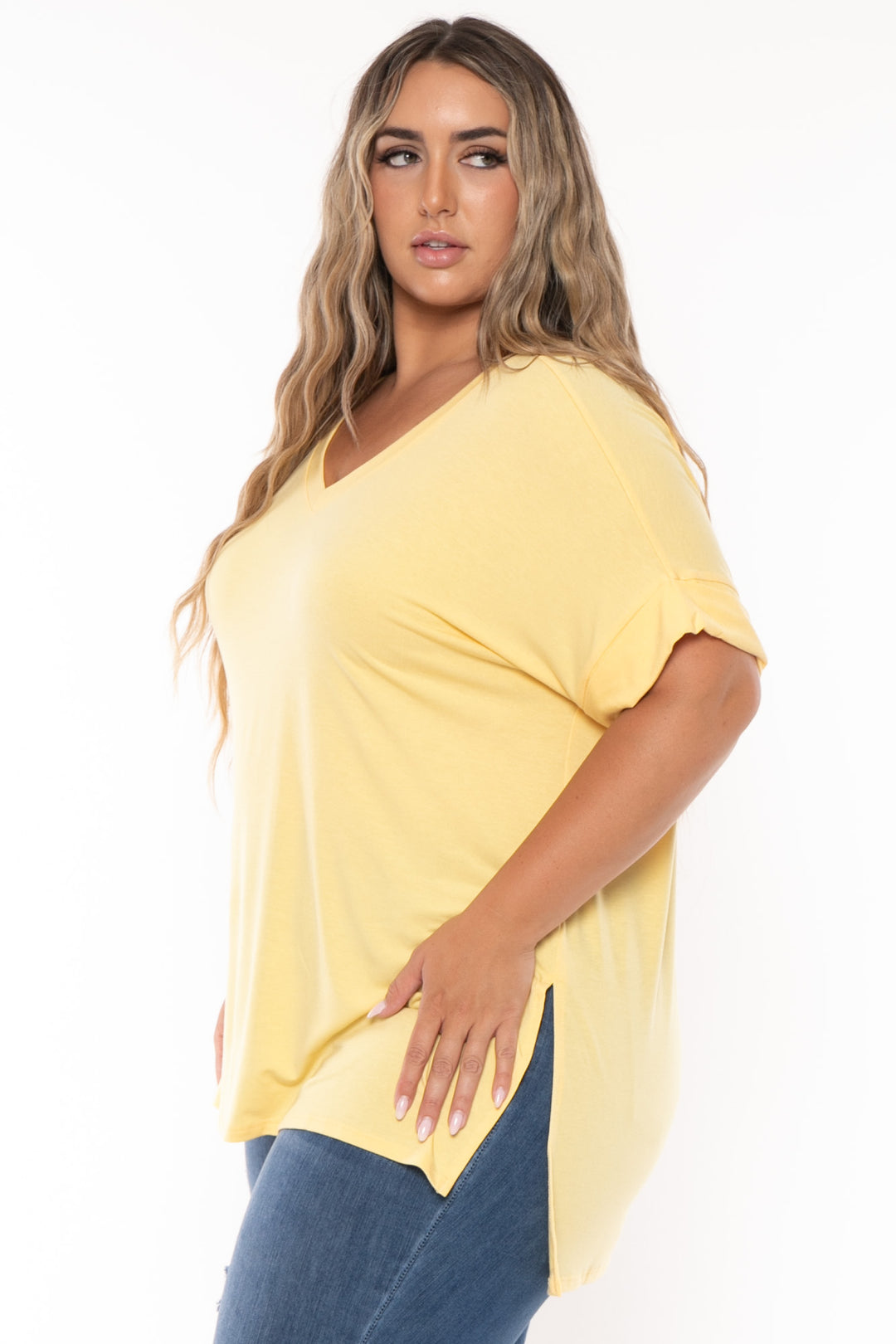 Zenana Tops Plus Size  Alexis Hi Low Top -Yellow