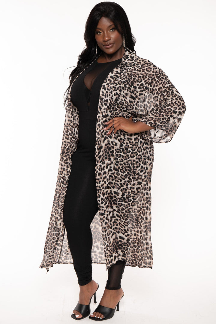 SHOPIN LA Tops Plus Size Animal Printed Duster - Brown