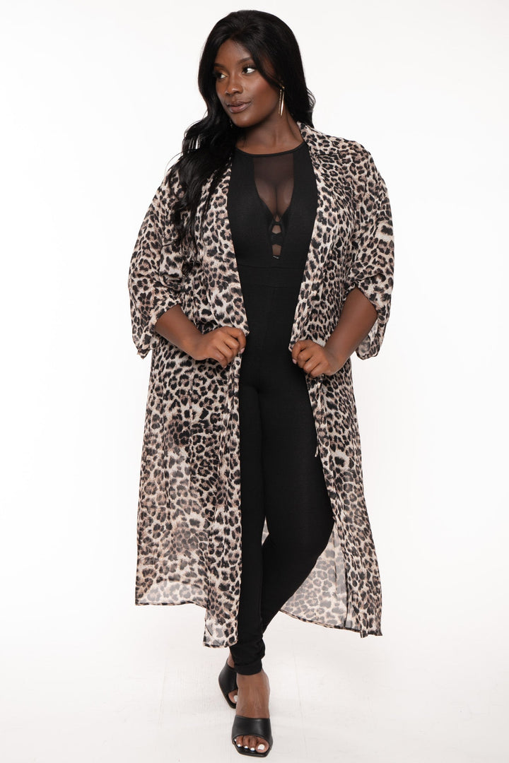 SHOPIN LA Tops Plus Size Animal Printed Duster - Brown