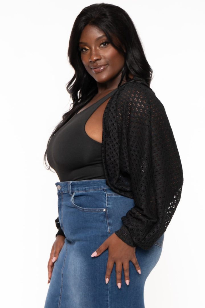 Curvy Sense Tops Plus Size Arcelia  Lace  Bolero -Black