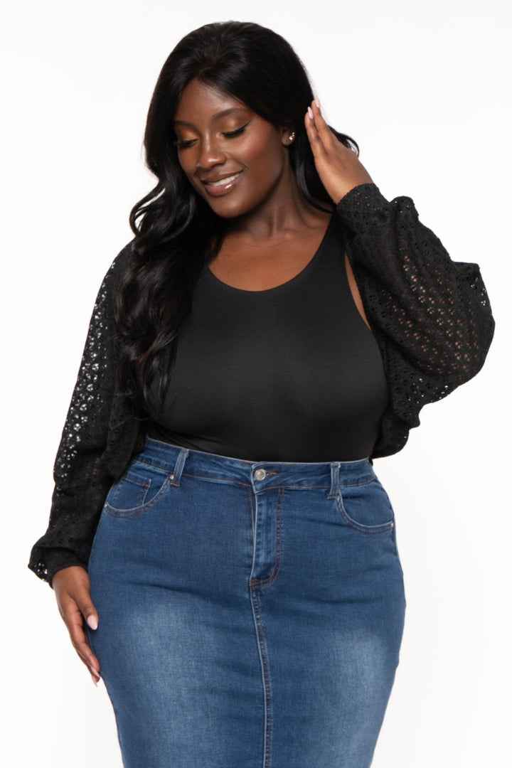 Curvy Sense Tops Plus Size Arcelia  Lace  Bolero -Black