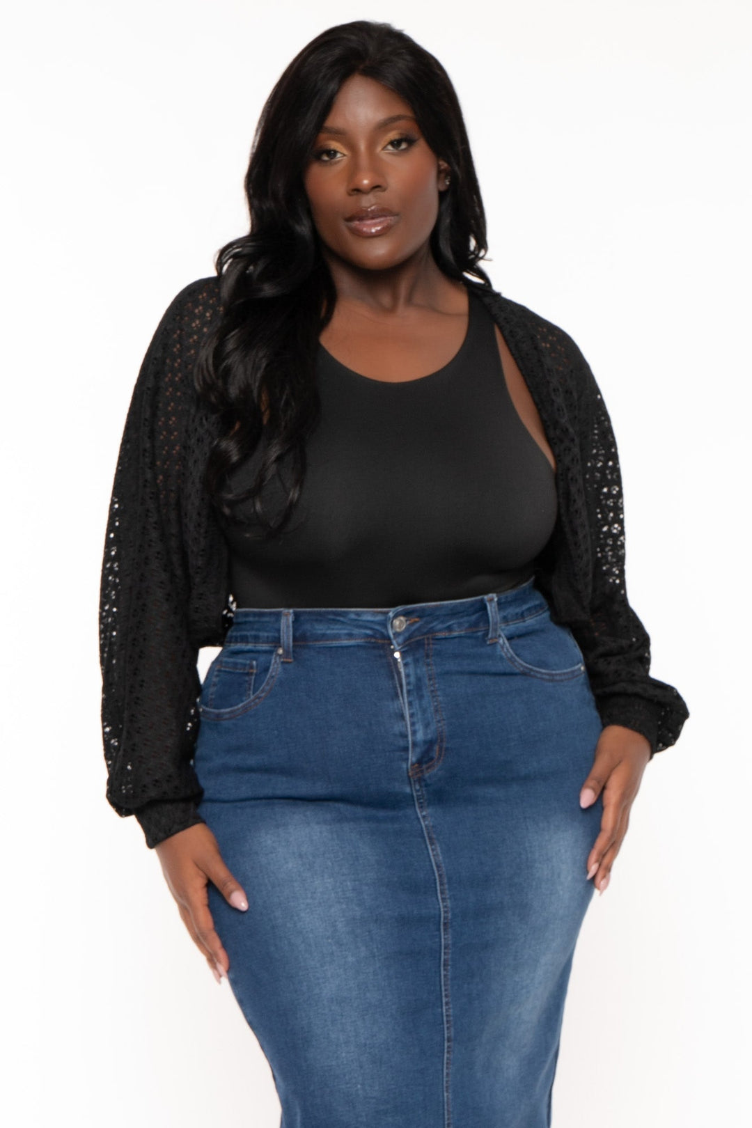 Curvy Sense Tops Plus Size Arcelia  Lace  Bolero -Black