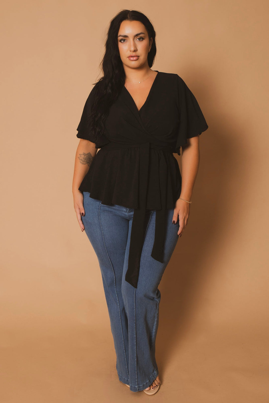 Blue Leopard Tops Plus Size Aria Classic Wrap Top - Black