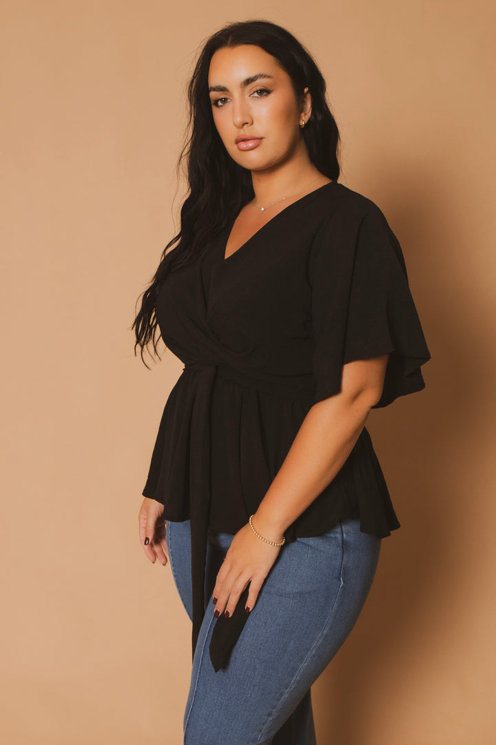 Blue Leopard Tops Plus Size Aria Classic Wrap Top - Black