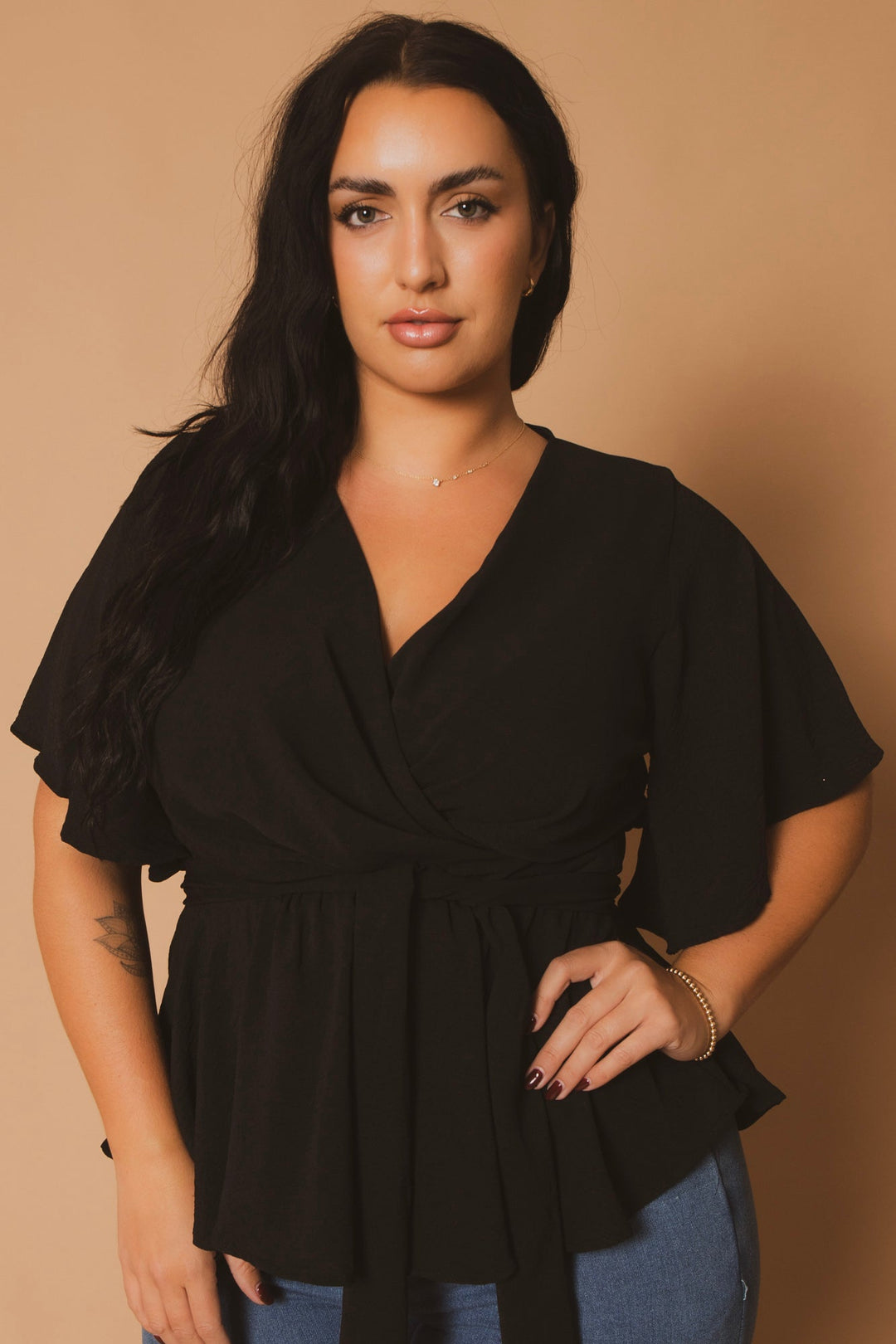 Blue Leopard Tops Plus Size Aria Classic Wrap Top - Black