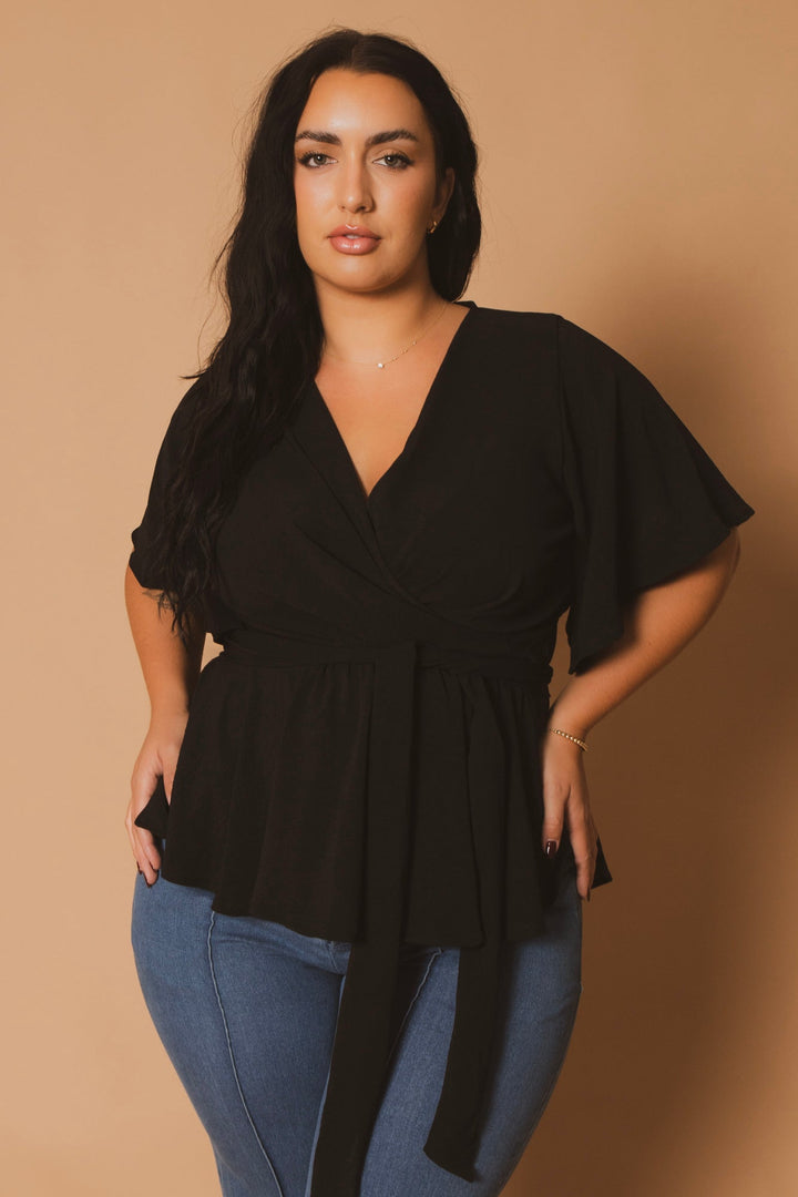 Blue Leopard Tops Plus Size Aria Classic Wrap Top - Black