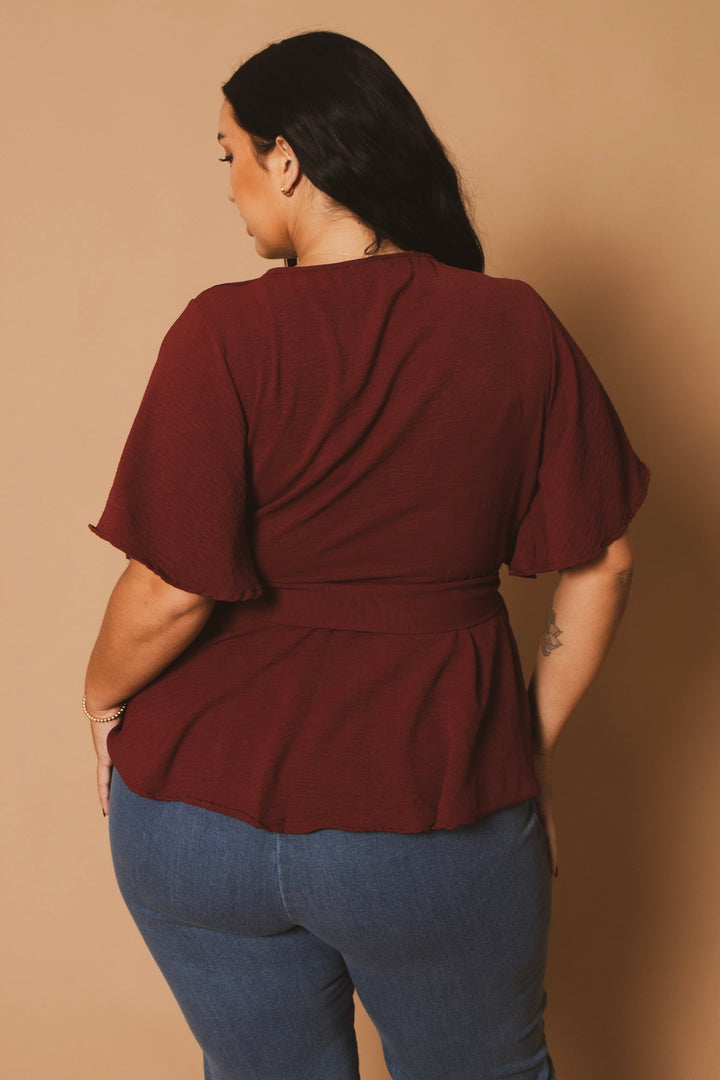 Blue Leopard Tops Plus Size Aria Classic Wrap Top - Burgundy