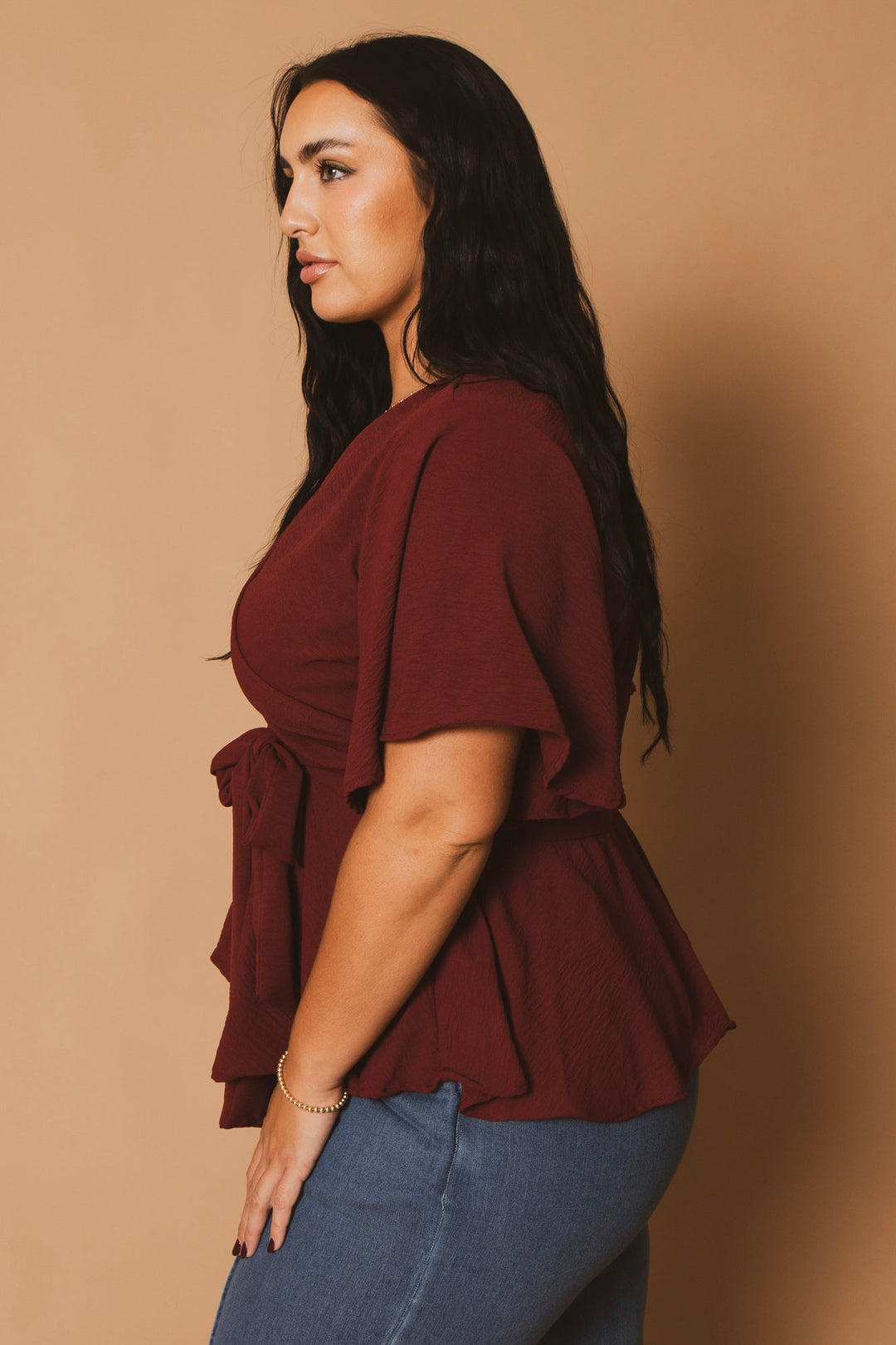 Blue Leopard Tops Plus Size Aria Classic Wrap Top - Burgundy