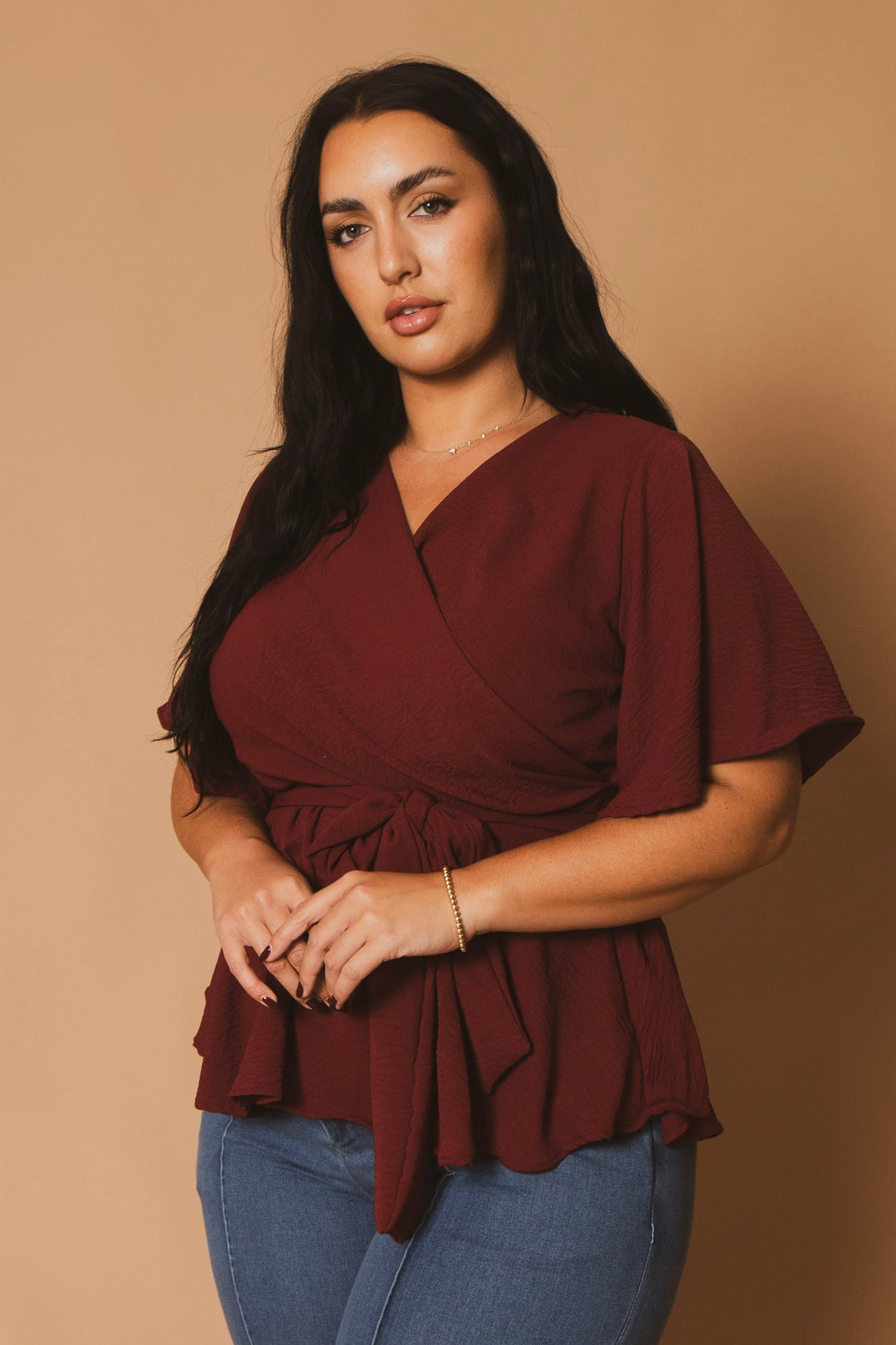 Blue Leopard Tops Plus Size Aria Classic Wrap Top - Burgundy