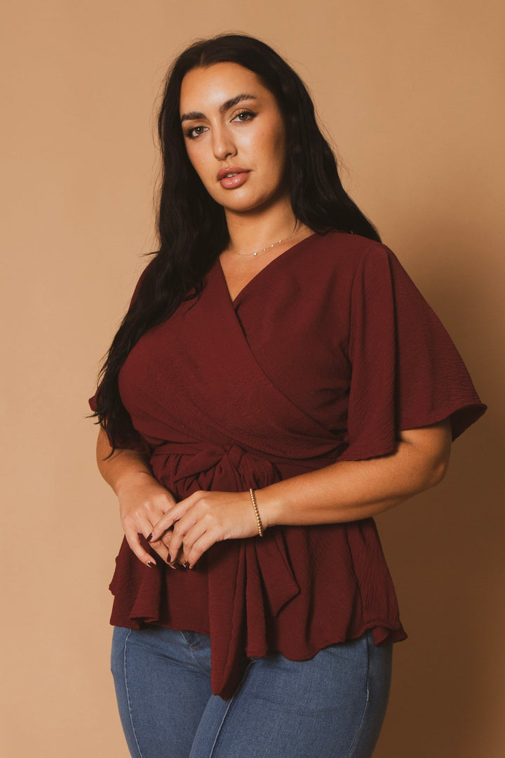 Blue Leopard Tops Plus Size Aria Classic Wrap Top - Burgundy