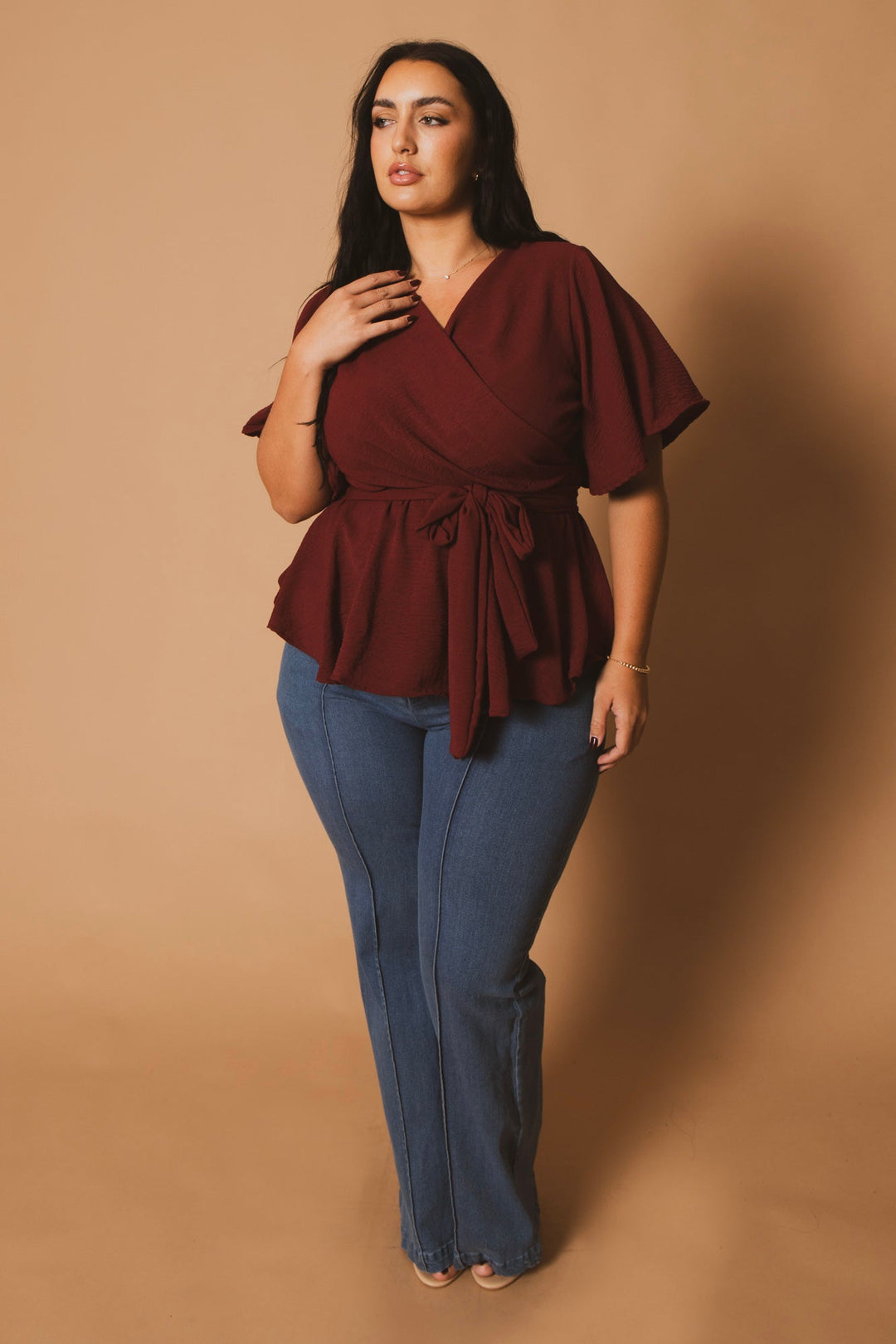 Blue Leopard Tops Plus Size Aria Classic Wrap Top - Burgundy
