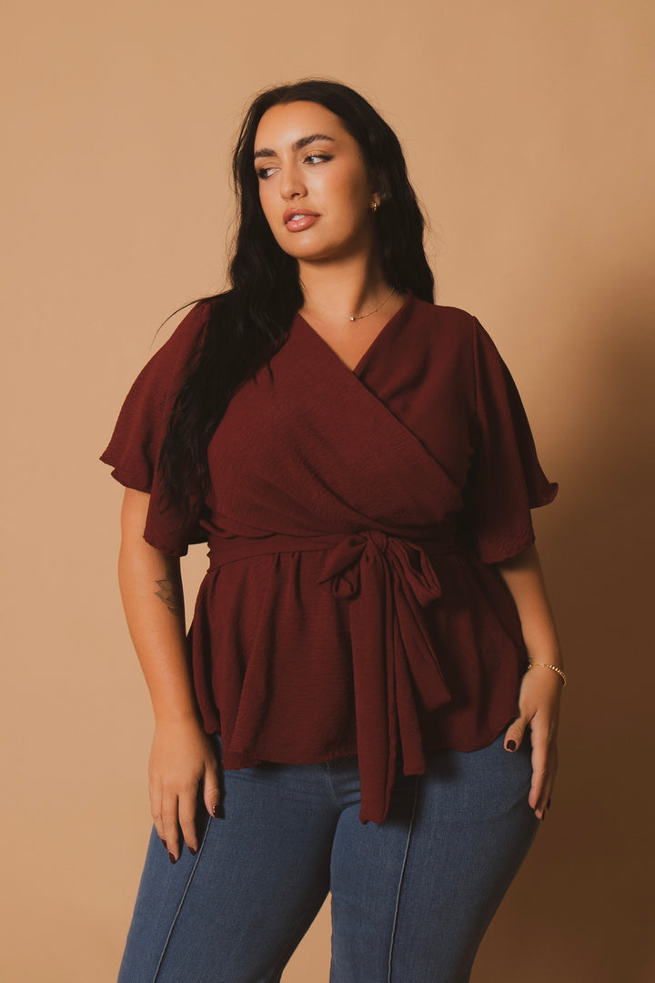 Blue Leopard Tops Plus Size Aria Classic Wrap Top - Burgundy