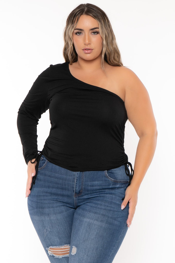 Ambiance Tops Plus Size Asymmetric One Sleeve Top  -Black